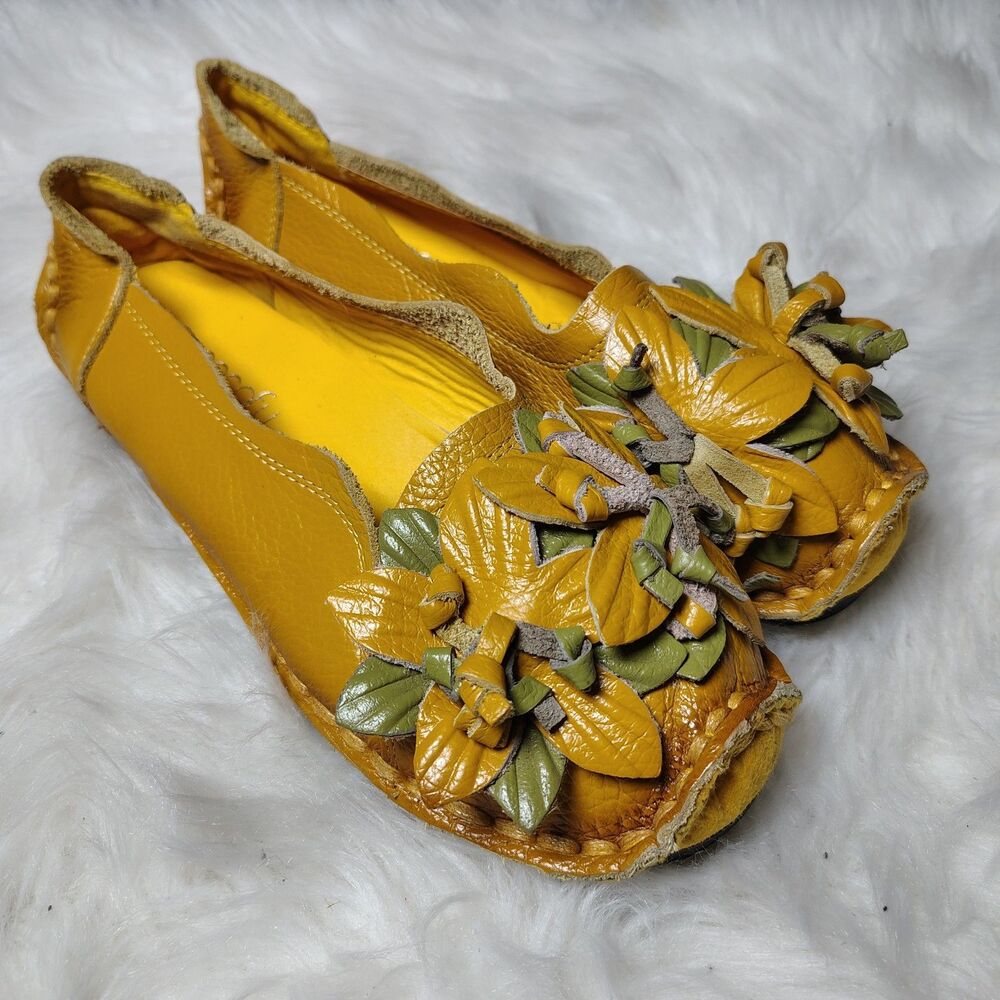 Leather Unique Mustard Yellow Slip On 3D Handmade Flowers Socofy Wmns Shoes